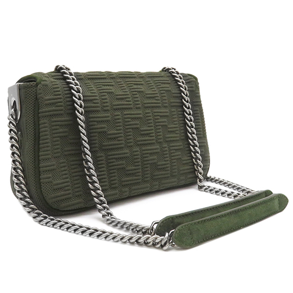 Fendi Chain Shoulder Bag Khaki Leather Baguette Canvas Midi - Picture 1 of 7
